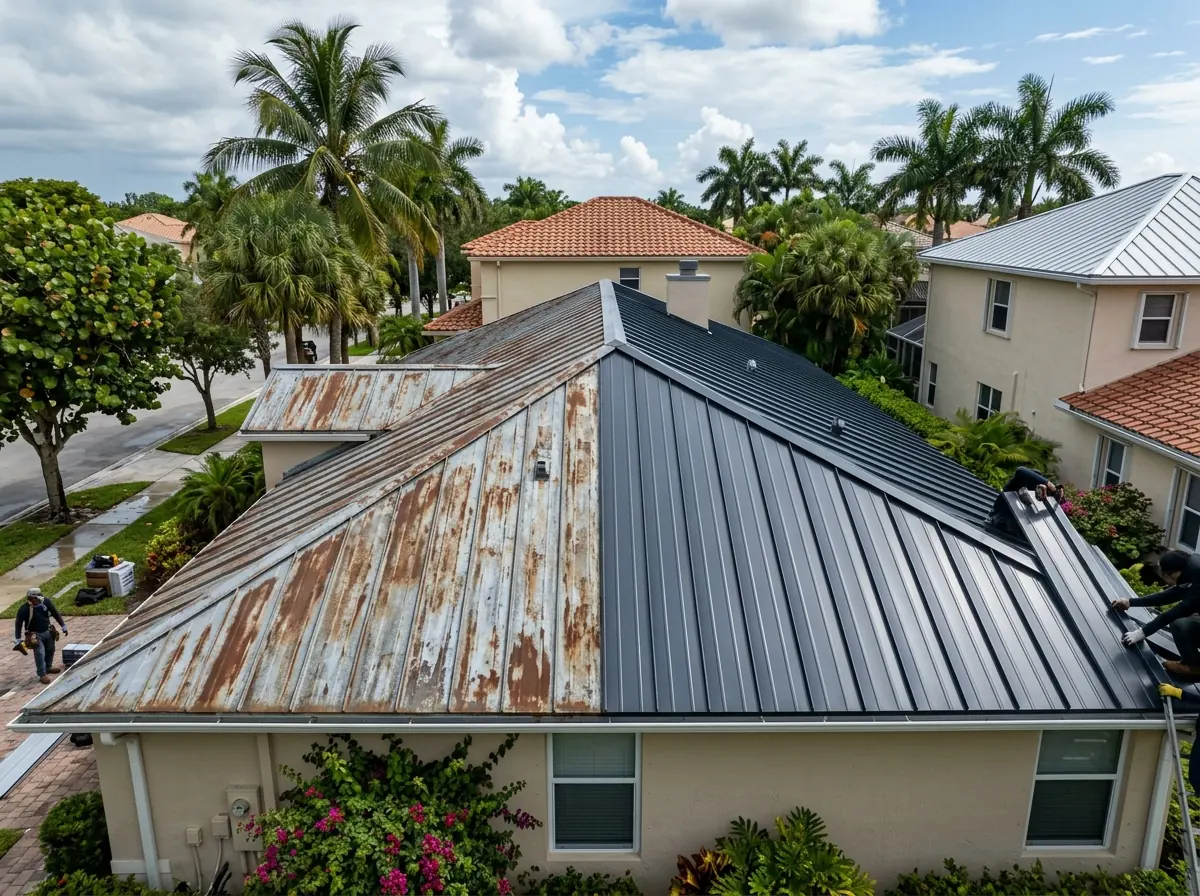 Half of a roof with weathered 5V crimp panels and half with new standing seam metal panels