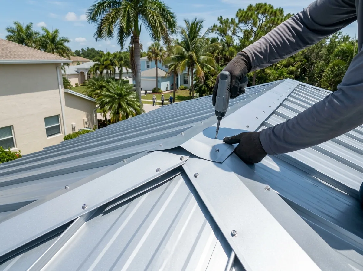 Aluminum drip edge and ridge trim fastened with stainless steel screws on a metal roof