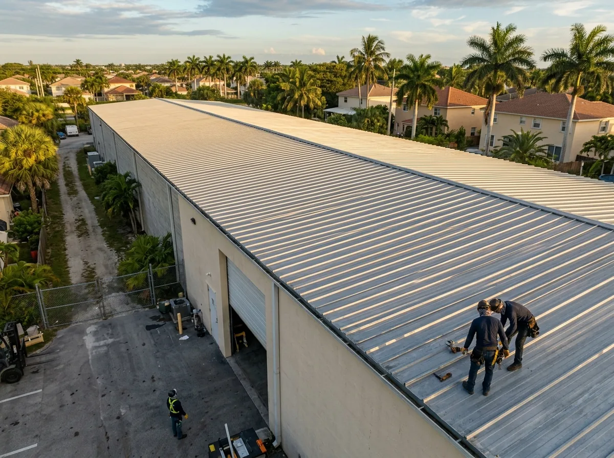 Long standing seam metal roof on a light industrial warehouse in South Florida