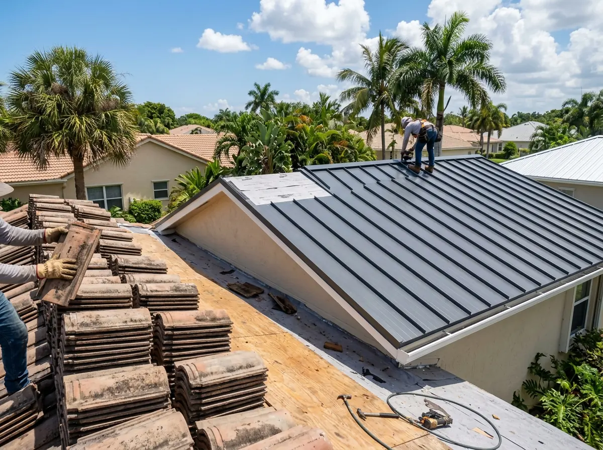 Concrete barrel tiles stacked for removal next to a section of new standing seam metal roof on a Florida home