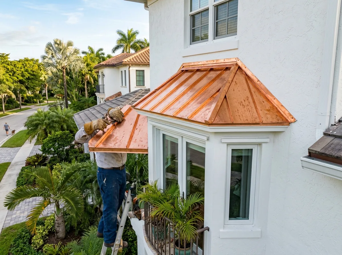 Standing seam copper roof over a bay window on a white stucco Florida home