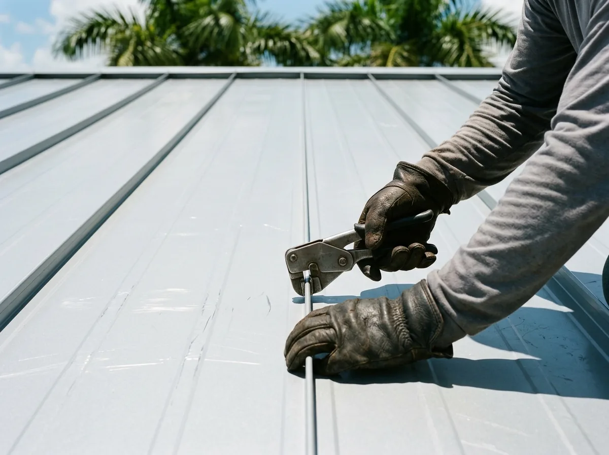 Gloved hands closing a standing seam between two metal roof panels with a hand seaming tool