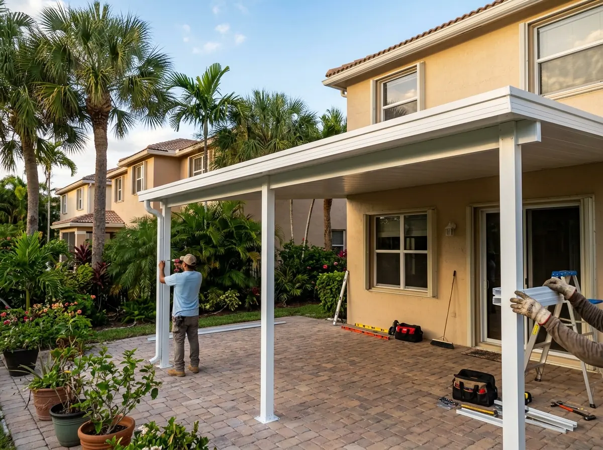 White insulated aluminum patio roof attached to the back of a Florida home over a paved patio