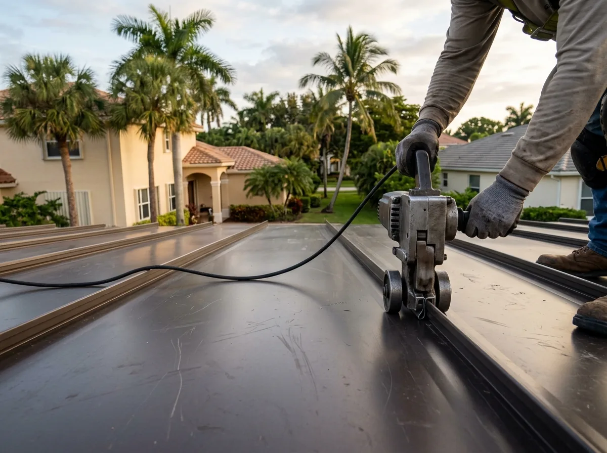 Electric seaming machine running along a standing seam metal roof panel to fold the seam closed