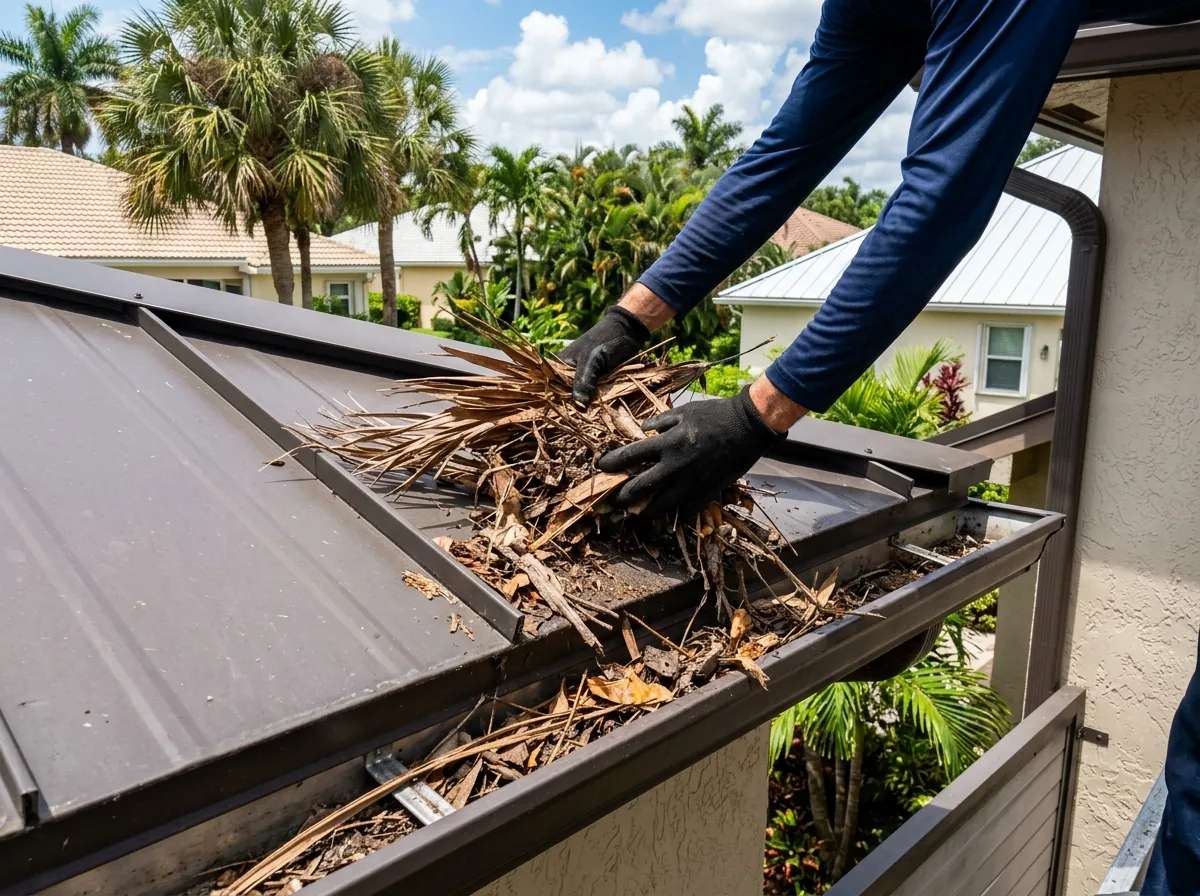 Palm debris being cleared from a metal roof valley and gutter on a Florida home