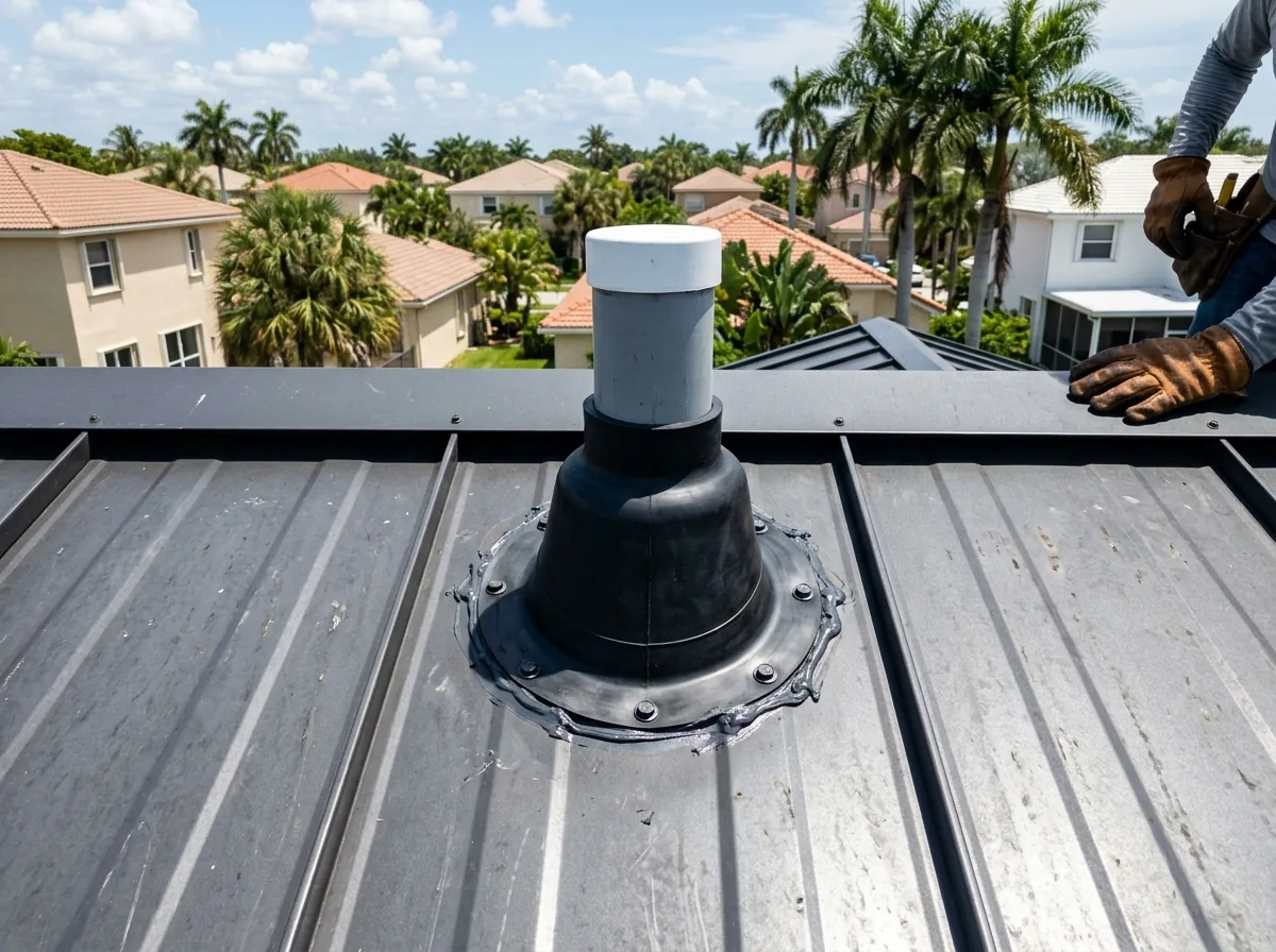 New rubber pipe boot flashing sealed around a vent pipe on a standing seam metal roof