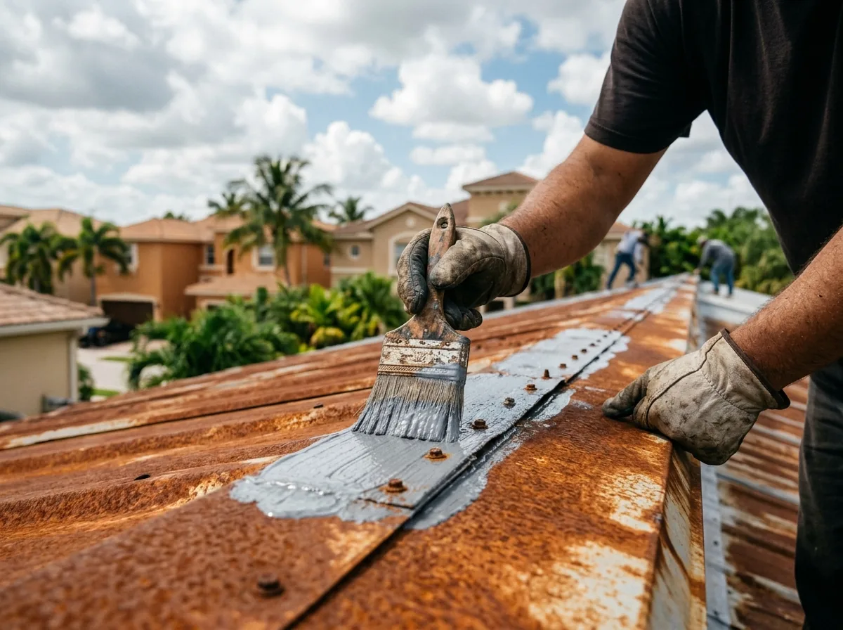 Brush applying seam sealer over fasteners and laps on a rusty metal roof before coating