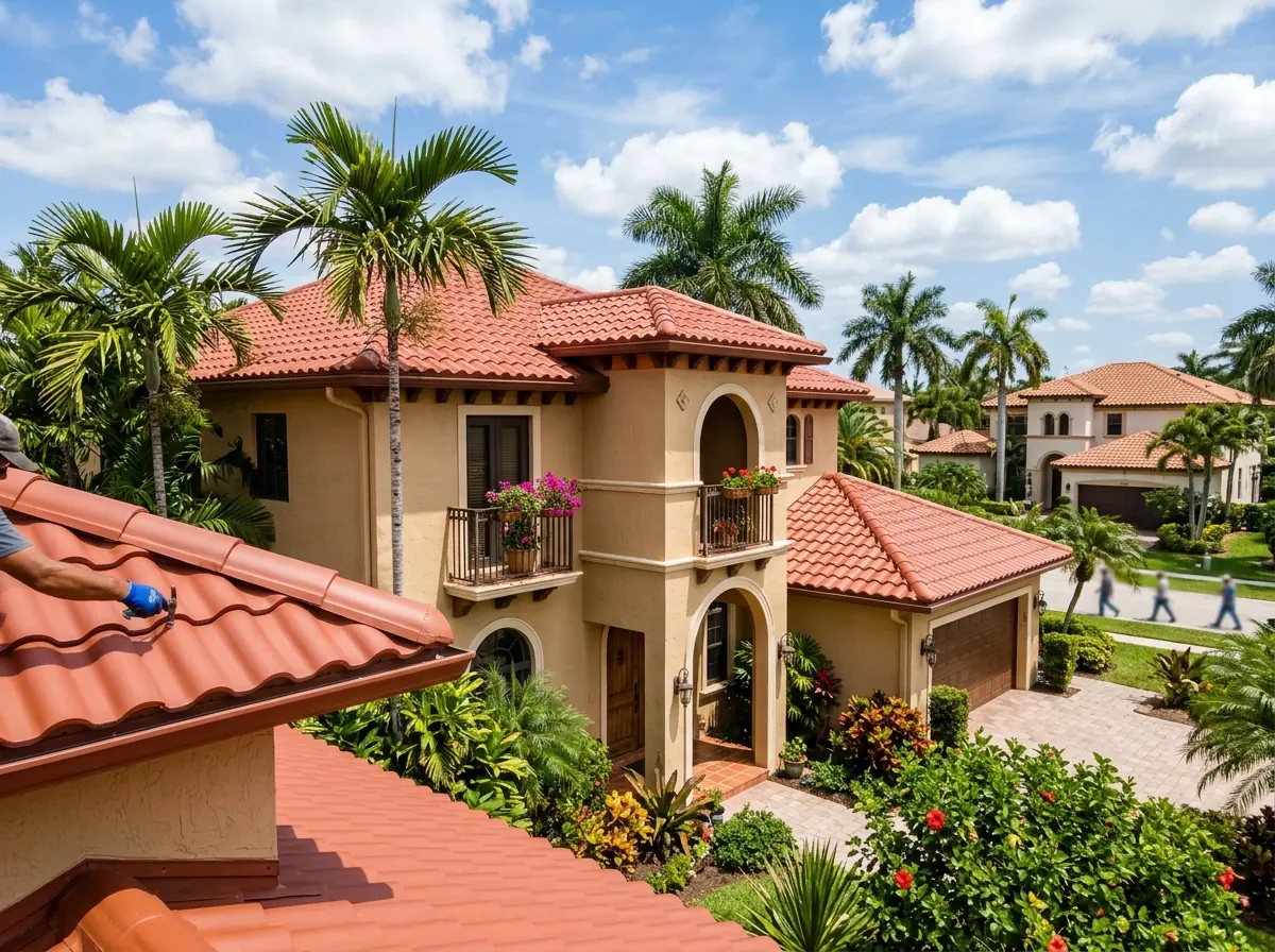 Painted metal roof panels pressed in a barrel tile profile on a Mediterranean-style Florida house