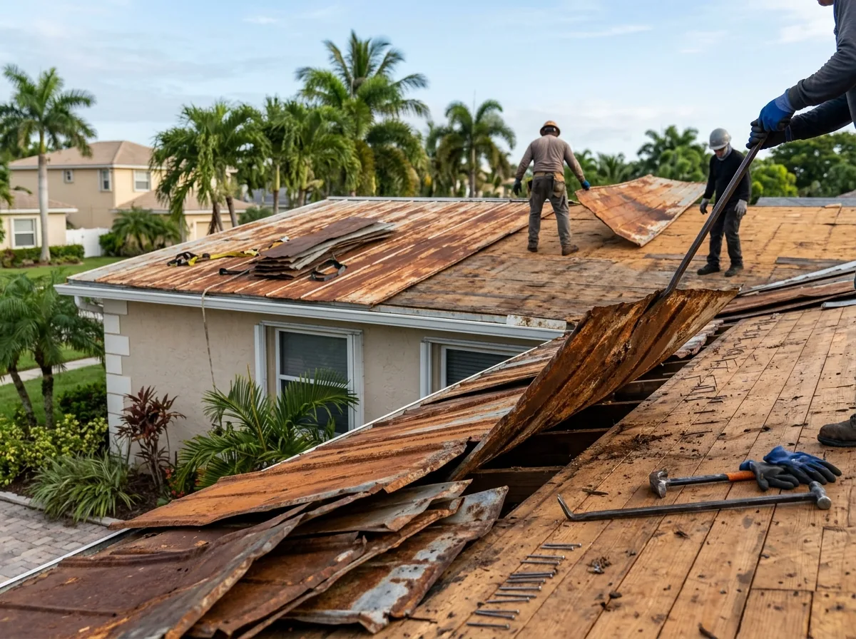 Old rusted metal roof panels being removed down to the deck on a Florida home before a new metal roof