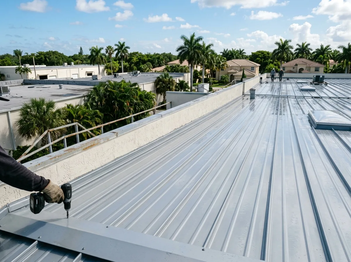 R-panel metal roof with trapezoidal ribs on a light industrial building