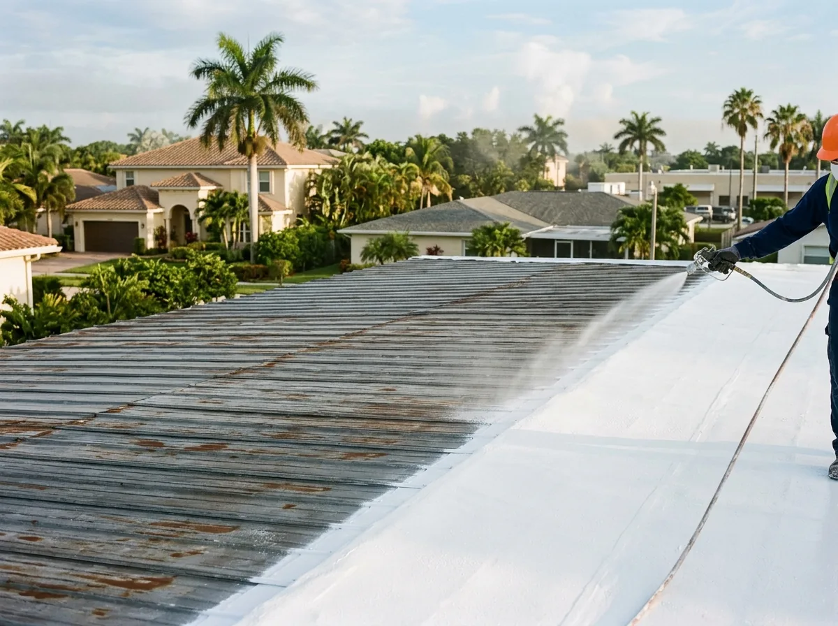 White silicone roof coating being sprayed over an older metal roof, half coated and half bare