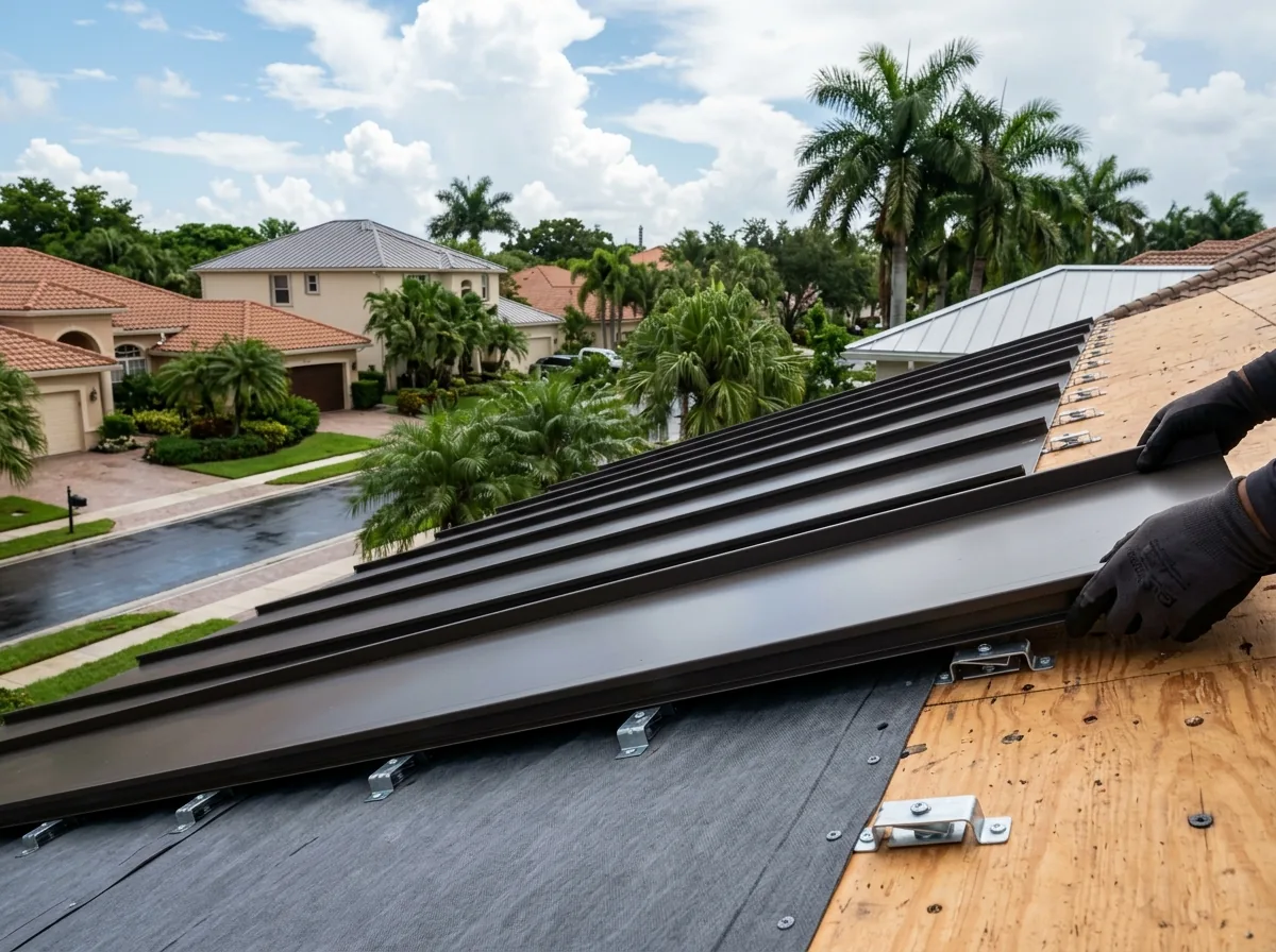 Snap-lock standing seam metal panels with concealed clips fastened to the roof deck before the next panel goes on