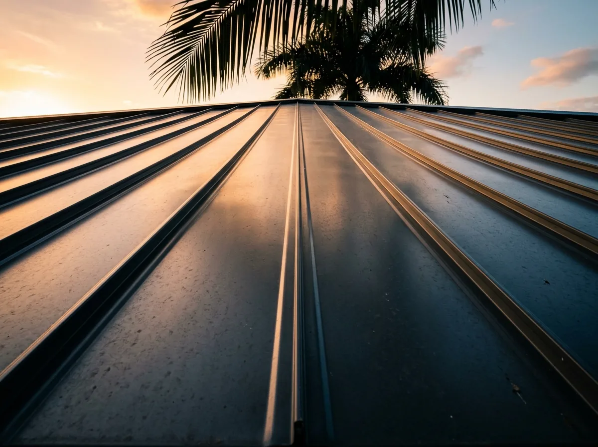 Close view of standing seam metal roof panels with raised vertical seams on a Florida home