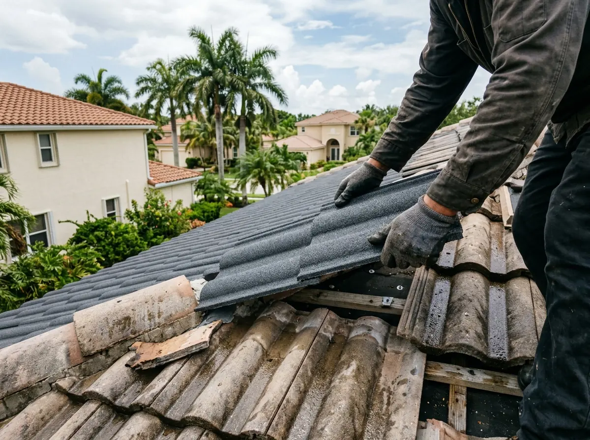 Roofer's gloved hands fitting a replacement stone-coated steel panel into an existing tile-profile roof