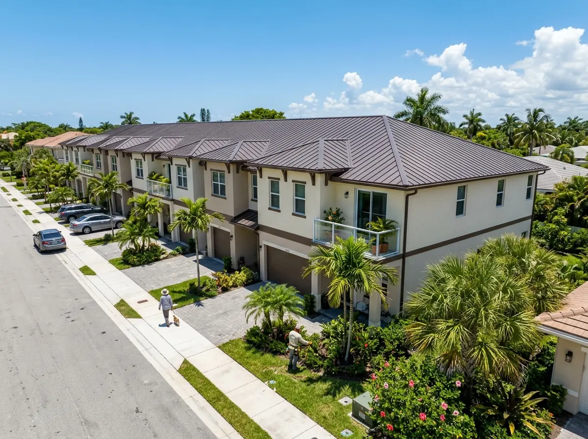 Row of South Florida townhomes with matching standing seam metal roofs