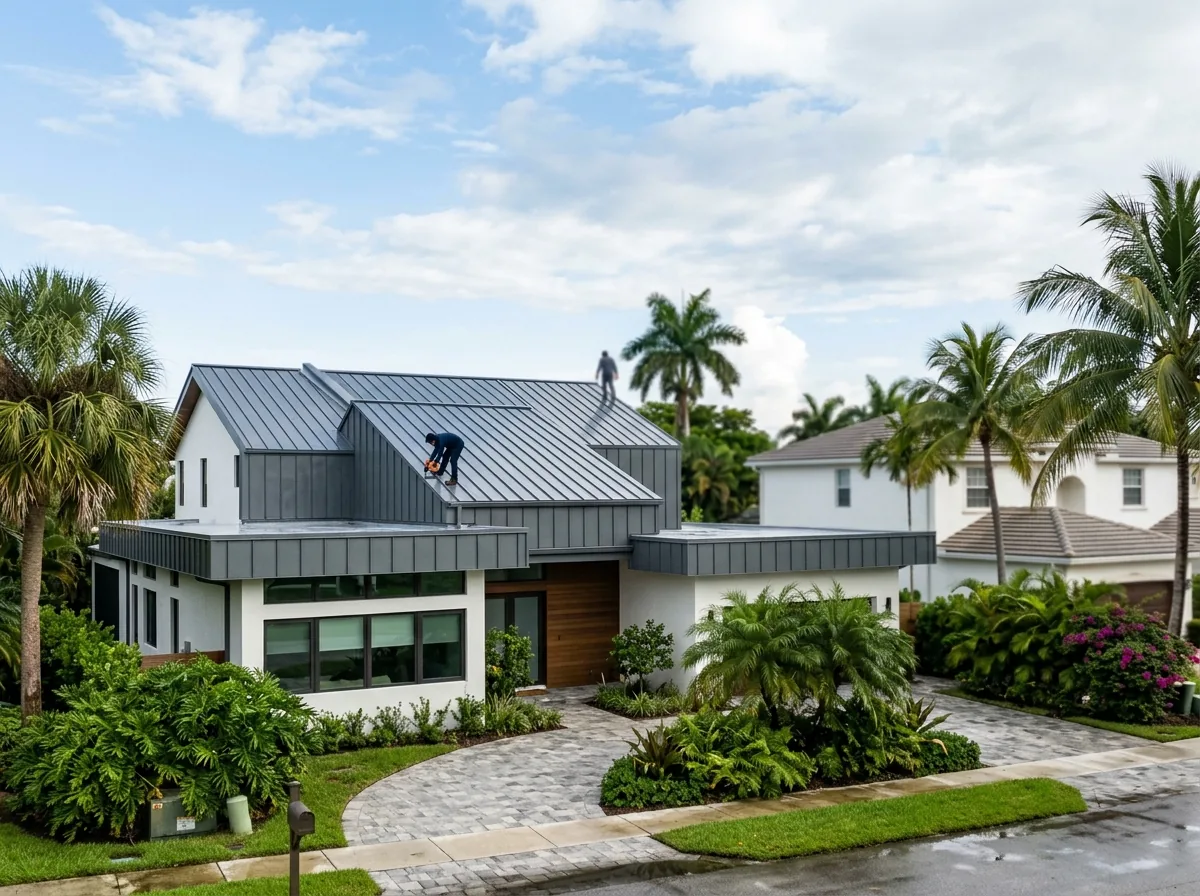 Matte gray zinc standing seam roof on a modern flat-and-pitched Florida home
